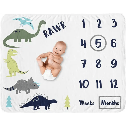 Sweet Jojo Designs Mod Dino Boy Milestone Blanket Monthly Newborn First Year Growth Mat Baby Shower Memory Keepsake Gift Picture - Blue, Green and Grey Modern Dinosaur Rawr