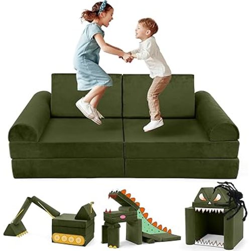 Kidirect Modular Kids Play Couch, K8 Kids Couch for Playroom, 350+ DIY Toddler Sofa Set, 8pcs Playroom Furniture for Toddlers, Convertible Play Fort for Child, Gifts for Boys and Girls, Olive Green