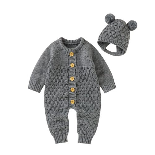 LAWKUL Baby Outfit Cotton Knit Newborn Infant Romper Knitted Longsleeve Sweater Clothes With Warm Hat Set Toddler Boy Girl