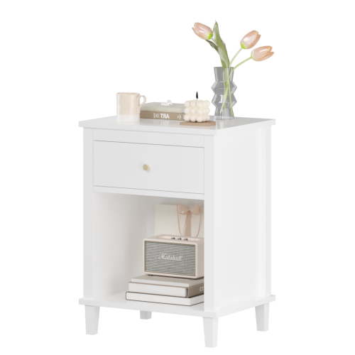 Nightstand with 1 Drawer, 26.68 Inch Bedside Furniture with Open Storage Shelf for Kids, Girls, and Boys, Nightstand for Bedroom, White