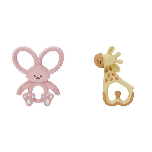 Dr. Brown's Flexees Pink Bunny & Ridgees Giraffe Silicone Baby Teethers, Designed for 3m+ Infants - Bunny, Pink - Teether + Ridgees Giraffe