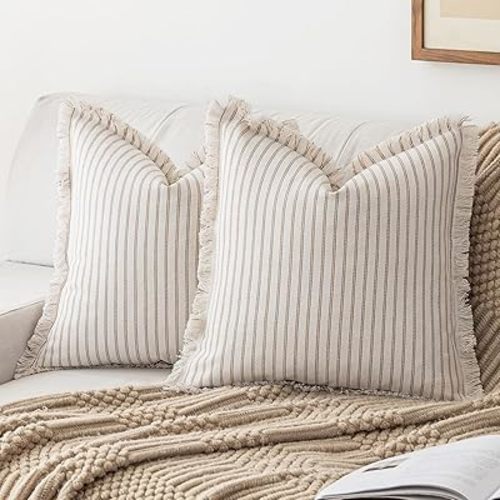 Striped Farmhouse Throw Pillow Covers 18X18 Set of 2 Boho Pillow Cover with Fringe Tassel Chic Cotton Decorative Pillows Modern Neutral Square Cushion Pillowcase for Sofa Couch Bed, Khaki
