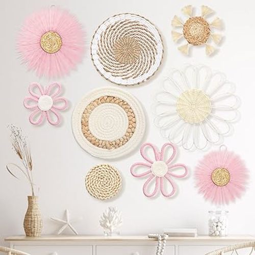 Chunful 9 Pcs Boho Nursery Wall Decor Daisy Flower Woven Macrame Seagrass Rattan Basket Wall Hanging Bohemian Decorations Gifts for Home Dorm Art Farmhouse Bedrooms Living Room(White Pink)