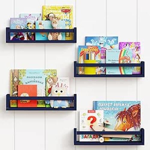 Forbena Navy Blue Floating Book Shelves for Nursery Boy, Decorative Wall Bookshelf for Kids Room, Small Wood Floating Shelves Wall Mounted for Boys Bedroom Bathroom (Set of 4, Blue)