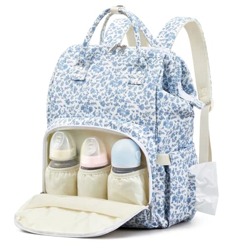 Blue Corduroy Floral Diaper Bag Backpack for Mom Large Capacity Multifunction Travel Backpack for Women, Cute Diaper Bag