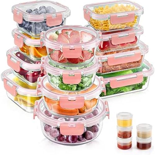 34pcs Glass Food Storage Containers with Lids Set, Airtight Glass Meal Prep Containers (17 Containers & 17 Lids), Leak Proof Lunch Containers BPA-Free, Microwave, Oven, Freezer, Dishwasher Safe-PINK