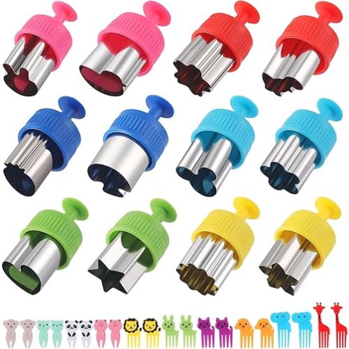 Vegetable Cutters Shapes Set, 12pcs Stainless Steel Mini Cookie Cutters, Vegetable Cutter and Fruit Stamps Mold + 20pcs Cute Cartoon Animals Food Picks and Forks -for Kids Baking and Food Supplement