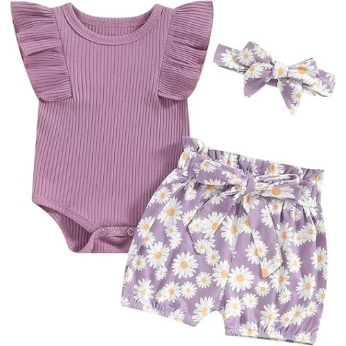 Newborn Infant Baby Girl Summer Clothes Rib Frill Short Sleeve Romper Elastic Waist Shorts Headband 3Pcs Outfits Set