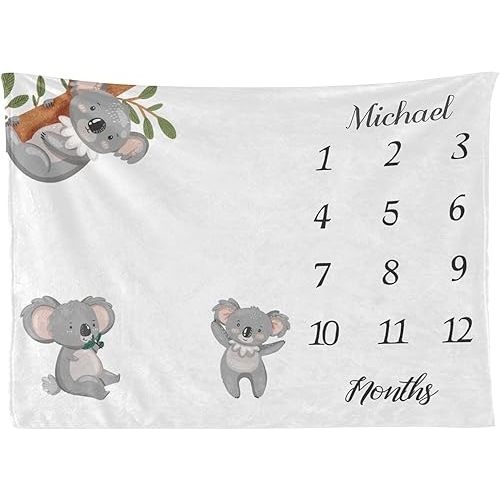 Cute Koala Bear Monthly Milestone Personalized Receiving Baby Blankets for Girls Boys Kids with Name,Customized Swaddle Blankets Gift for Newborn Crib Infants 30x40 Inches