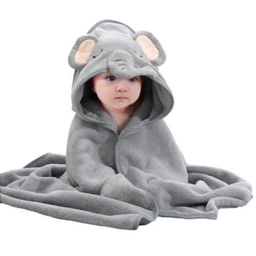 SILVERCELL Baby Hooded Towels Large 32"x32" Cartoon Animal Absorbent Soft Baby Bath Towels Toddler Infant Boy and Girl Shower Gifts - Gray Elephant