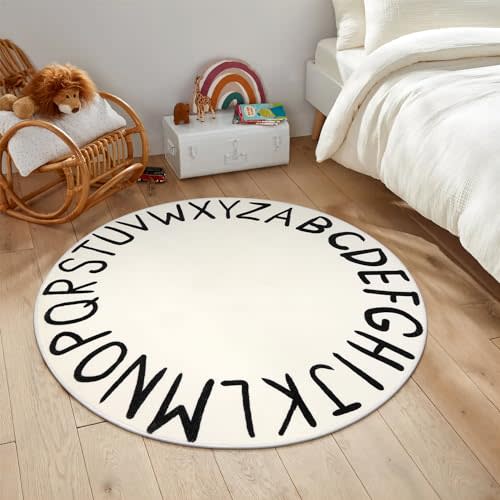 LIVEBOX ABC Play Room Kids Round Rug for Bedroom, Washable Nursery Rug for Kid, Circle Area Rug for Playroom, Small Toddler Rug Educational Crawling Mat for School Classroom(40",Black)