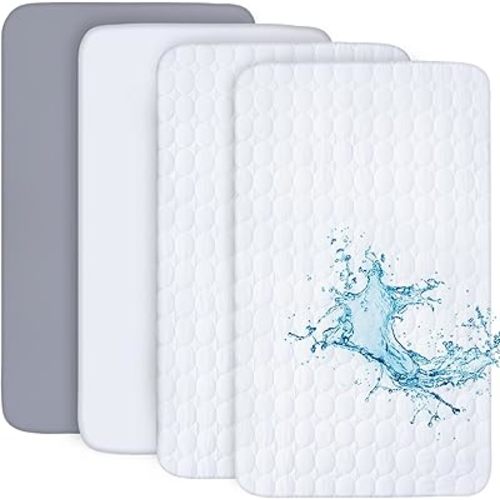 Crib Sheets and Waterproof Crib Mattress Protector 4 Pack Set,Waterproof Crib Sheets Mattress Pad Cover for Baby Boys and Girls, Grey&White