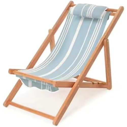 Children’s Vintage Sun Lounger Sling Chair | Wooden Frame with Canvas Fabric | Outdoor Folding Deck Chair for Kids Ages 5+ | Portable & Lightweight for Backyard, Poolside, or Beach (Skyline Stripe)