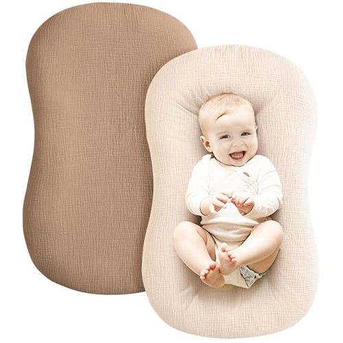 Konssy Muslin Baby Lounger Cover 2 Pack, 100% Cotton Newborn Lounger Cover, Soft and Breathable Lounger Slipcover for Boys Girls, Covers Only (Brown,Wheat) - Brown,wheat
