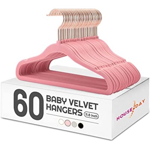 HOUSE DAY Velvet Baby Hangers for Closet, Kids Hangers Velvet 60 Pack, Non Slip Toddler Hanger 11.8 Inch, Durable Childrens Hanger for Newborn Baby Clothes- Blush Pink