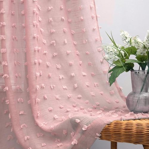 KOUFALL Light Pink Sheer Curtains 2 Panels,Bow Floral Pom Pom Boho Lace Coquette Curtains for Canopy Bed Bedroom Closet,84 Inches Long,Dusty Rose Pale Mauve