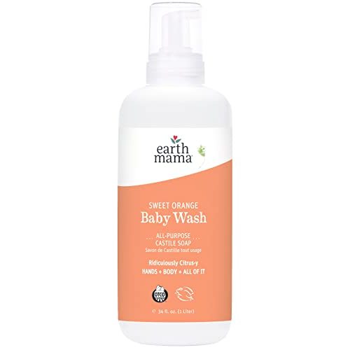 Earth Mama Sweet Orange Baby Wash Liquid Hand Soap Refill, Organic Body Wash for Sensitive Skin, All Purpose Castile Soap Liquid with Coconut Oil, Shea Butter, Calendula & Aloe, 34 fl oz
