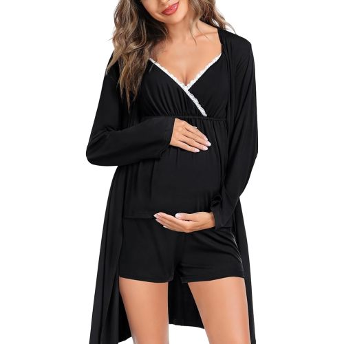 SWOMOG Womens Maternity Robe Set 3 Piece Nursing Pajamas for Breastfeeding 3 in 1 Labor Delivery Hospital Pregnancy Pjs