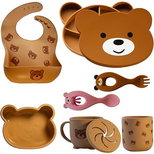 Silicone Baby Feeding Set - 7 Piece - Baby Led Weaning Supplies - Suction Bowl, Divided Plate, Adjustable Bib, Snackcup, Cup, Eating Utensils and Baby Dishes for 6+ Months