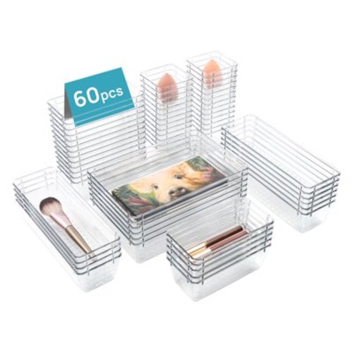 60 PCS Drawer Organizer, Vtopmart 4-Size Clear Plastic Bins Containers, for Bathroom and Vanity Storage