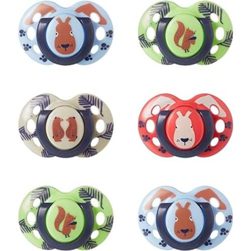 Tommee Tippee Fun Pacifier, 18-36 Months, Symmetrical Baglet, BPA-Free Binkies, Blue/Green/Red, Pack of 6
