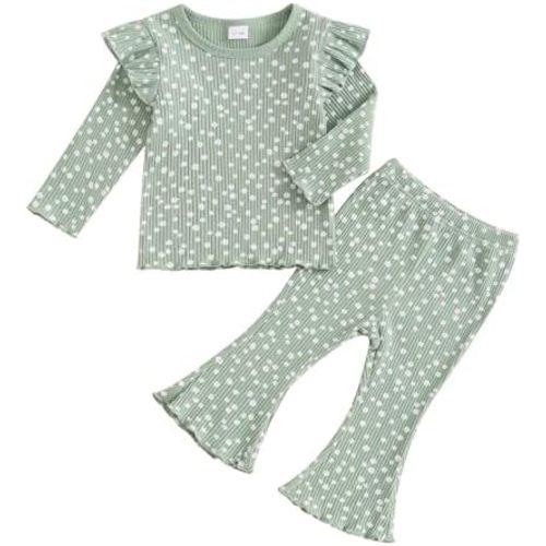Toddler Baby Girl Outfits Ruffle Long Sleeve Striped Trim Tops + Flare Pants Set Toddler 2Pcs Fall Winter Clothes