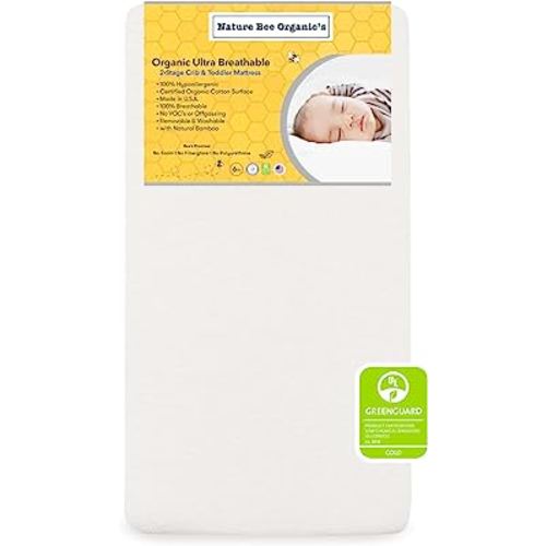 Nature Bee Organic's 2-Stage Ultra Breathable Premium Crib & Toddler Mattress I 100 Hypoallergenic I GreenGuard Gold Certified I 6" Thick Plush Support I 100% Breathable