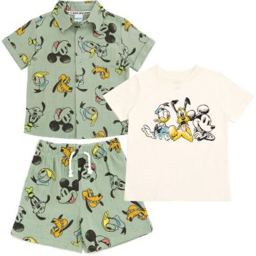 Disney Mickey Mouse Infant Baby Boys Cotton Gauze Button Down Shirt, T-Shirt and Shorts 3 Piece Outfit Set Pale Green / White 12 Months