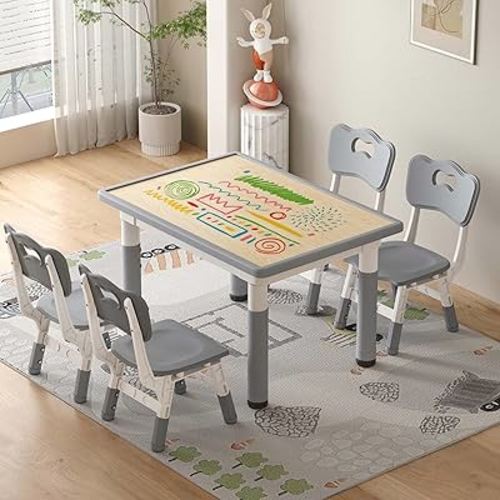 Kids Table and Chairs Height Adjustable, Toddler Table and Chairs, 31.5''L x 23.6''W Graffiti Table with 4 Chairs, for Reading, Drawing, Eating, for Ages 3-8, Grey