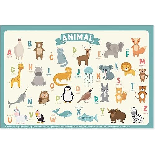 60 Pack Disposable Placemats for Baby & Toddle, Sticky Kids Placemat for Picnic Table, Party, Travel, 12" x 18" Restaurant Table Mats, Animal Alphabet Theme
