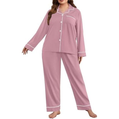 SWOMOG Women's Plus Size Pajamas Set Long Sleeve Sleepwear Button Down Tops Soft Pajama Pants 2 Pcs Lounge Sets with Pocket