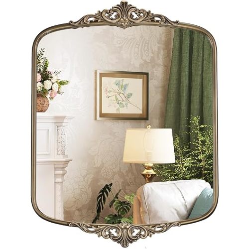 Vintage Gold Oval Mirror, 22x30 Inch Antique Bathroom Oval Mirrors for Over Sink, Ornate Framed Mirrors for Bedroom Fireplace Entryway Mantel