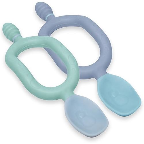 Bibado - Dippit Baby Spoon and Dipper, Mint & Blue (2-Pack) - Soft, Chewable Dipper & Deep Spoon - Two-Hand, Sensory Grip - Toddler Utensils - Baby Led Weaning Supplies - Baby Essentials - 6 Months+