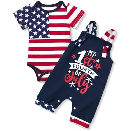 MIGU 4th Of July Baby Boy Outfits My First 4th Of July Work Romper+Stars And Stripes Short-Sleeved T-Shirt 2pcs Sets