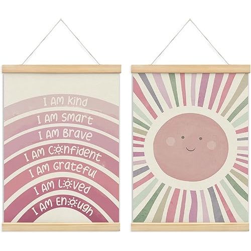 Nursery Kids Room Bedroom Wall Art Decor Boho Cute Positive Affirmations Wall Decor for Toddler Baby Girls Room Classroom Calming Corner Playroom Bathroom Wooden Poster Frames 12x16 Pink