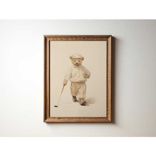 Vintage Teddy Bear Golf Print: Watercolor Nursery Art (Digital Download)