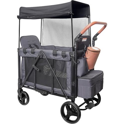Wagon Stroller for 2 Kids with Insulated Snack Pack Foldable All-Terrain Wagon, 5-Point Harness & Canopy Parent Organizer Adjustable Handle (Grey)