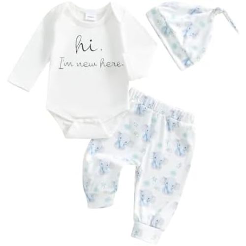 Newborn Baby Boy Girl Clothes Im New Here Romper Bodysuit Animal Pants Set with Hat Coming Home Hospital Outfits