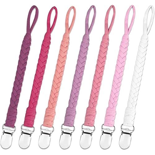7 Pcs Pacifier Clip, Pacifier Clips for Boys & Baby Girls Pacifier Holder Clip Binky Clips Braided 100% Handmade Fits All Pacifiers(Pink, 7 Pack)