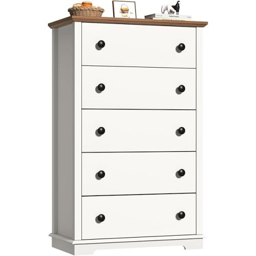 HIFYOBRO 5 Drawers Dresser, Double Anti-tip, Wooden Chest of Drawers, Tall White Closet Dresser for Bedroom, Living Room, Entryway