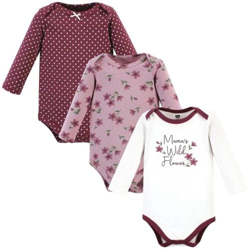 Hudson Baby Infant Girl Cotton Long-Sleeve Bodysuits, Plum Wildflower 3 Pack
