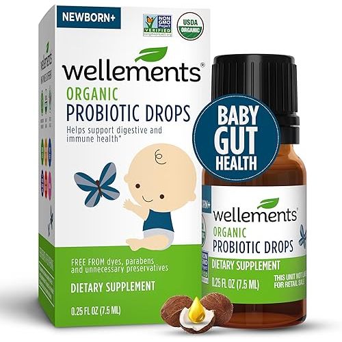 Wellements Organic Baby Probiotic Drops (0.25 Fl Oz) - Digestive & Immune Support for Infants - Toddler Probiotic Helps with Newborn+ Gut Health, Gas, Constipation & Colic Support - Preservative Free