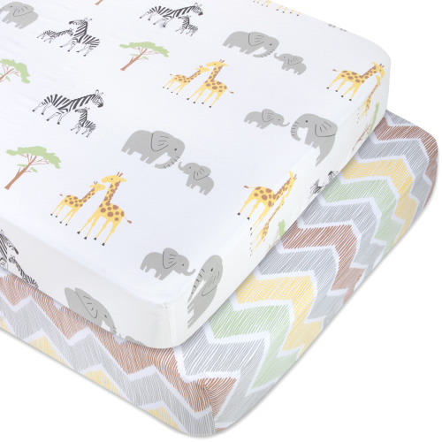 Baby Essentials 2 Pack of 52”L x 28”W Standard Microfiber Patterned Fitted Elastic Baby Crib Sheets for Newborns, Infants and Toddlers Nursery, Crib, Bed and Mattress in Jungle Animals & Chevron
