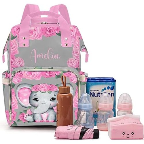Voltexia Personalized Baby Elephant with Flowers Diaper Bag Nursing Baby Bags Nappy Bag with Name Casual Travel Backpack with Thermal Pockets Diaper Bags for Baby Girl