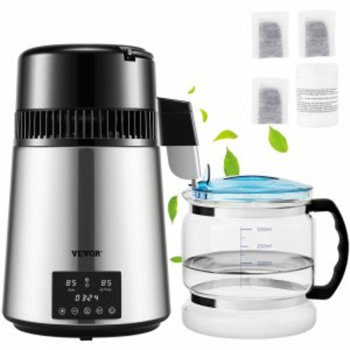 VEVOR 1.1Gal Water Distiller, 0.3Gal/H, 750W Distilled Water Maker Machine 0-99H Timing Dual Temp Display, 304 Stainless Steel Countertop Distiller Glass Carafe Cleaning Powder 3 Carbon Packs, Silver
