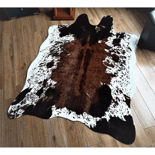 Faux Cowhide Rug Large (4.6ft x 6.6ft),Natural Pattern Tricolor Cow Print Rug,Bedroom Living Room Animal Hide Rugs Carpet with Non-Slip Backing. (brown-black-white, 4.6 x 6.6 FT)