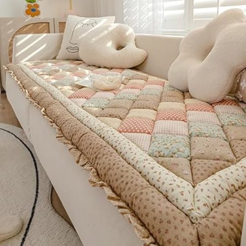 vctops Cotton Quilted Thick Dog Couch Cover for Sofa Boho Handmade Patchwork Sofa Cover Floral Print Floor Mat Area Rugs Non Slip Soft Sofa Slipcover (Coffee,28"x82")