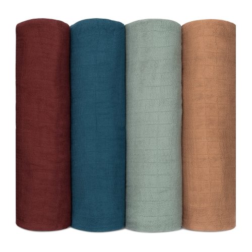 Muslin Swaddle Blankets, 4 Pack by Comfy Cubs - Wine, Neptune, Fern, C