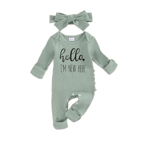 FIOMVA Im New Here Newborn Outfit Girl Long Sleeve Letter Romper Ribbed Knit Jumpsuit Baby Girl Preemie Coming Home Outfit