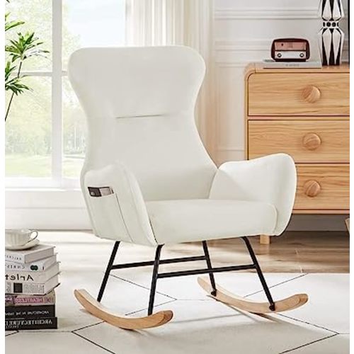 Modern Accent Rocking Chair,Upholstered Glider Rocker for Baby, Indoor for Living Room/Bedroom/Nursery (White Velvet)